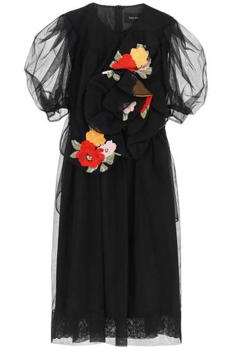 시몬로샤 여성 원피스 드레스 tulle midi dress with embroidered flowers 7096E BLKPY
